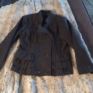 Girls grey pea coat with a ruffle back